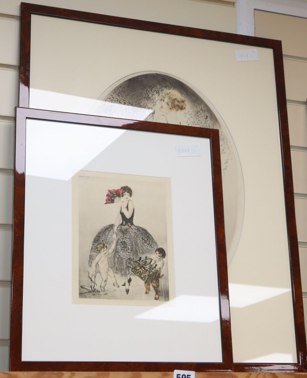 Louis Icart (1888-1950), drypoint etching, Broken blue jug, signed, 45 x 33cm and a later signed photolithograph, 23 x 17cm